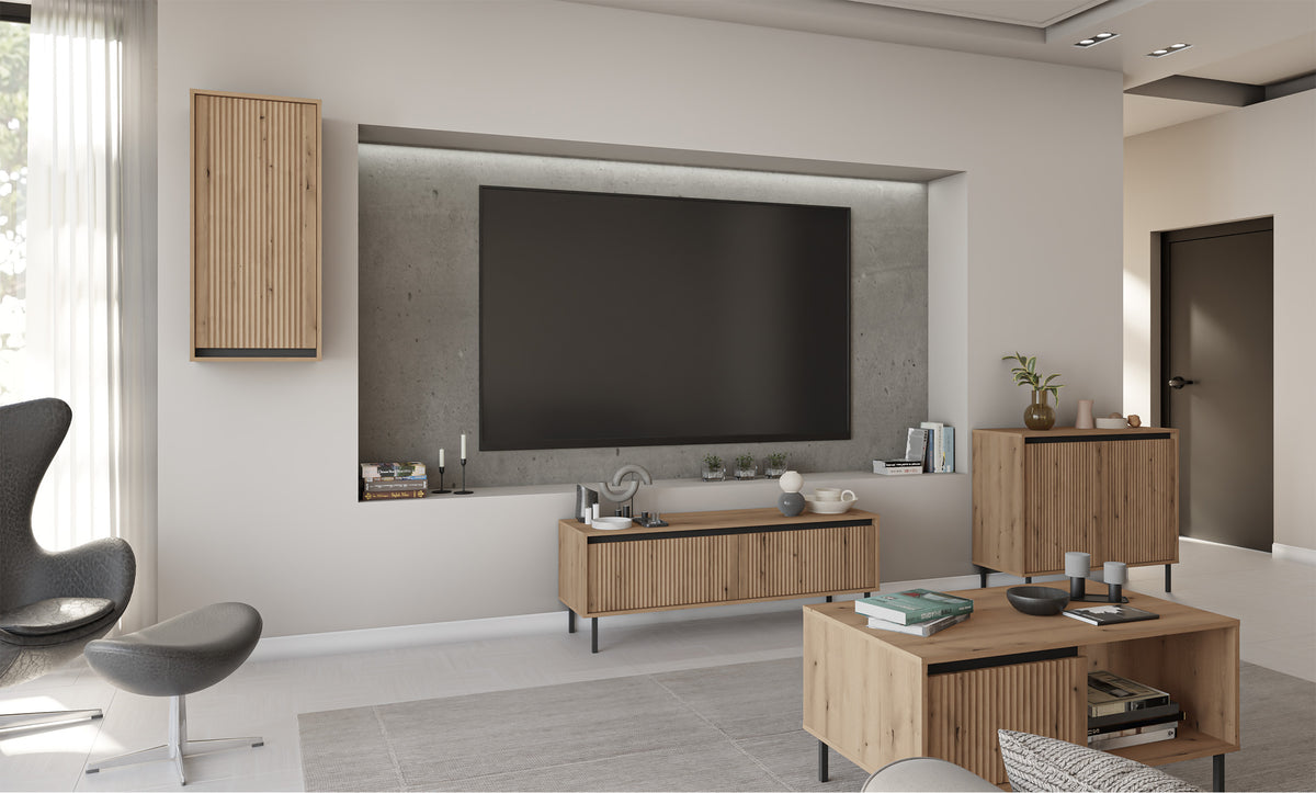 Commode deux portes Osaka avec façades rainurées 100 cm chêne evoke sur pieds noirs