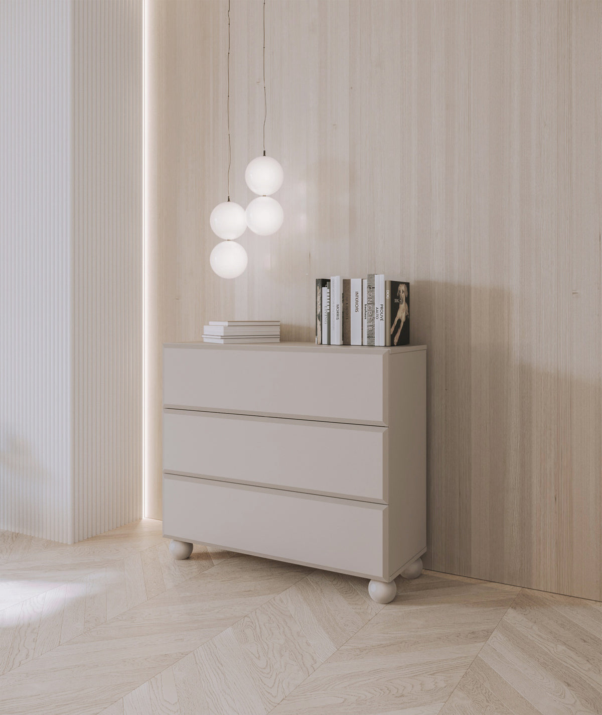 Kommode Chocolated mit drei Schubladen, 100 cm, auf Kugelbeinen, sandbeige