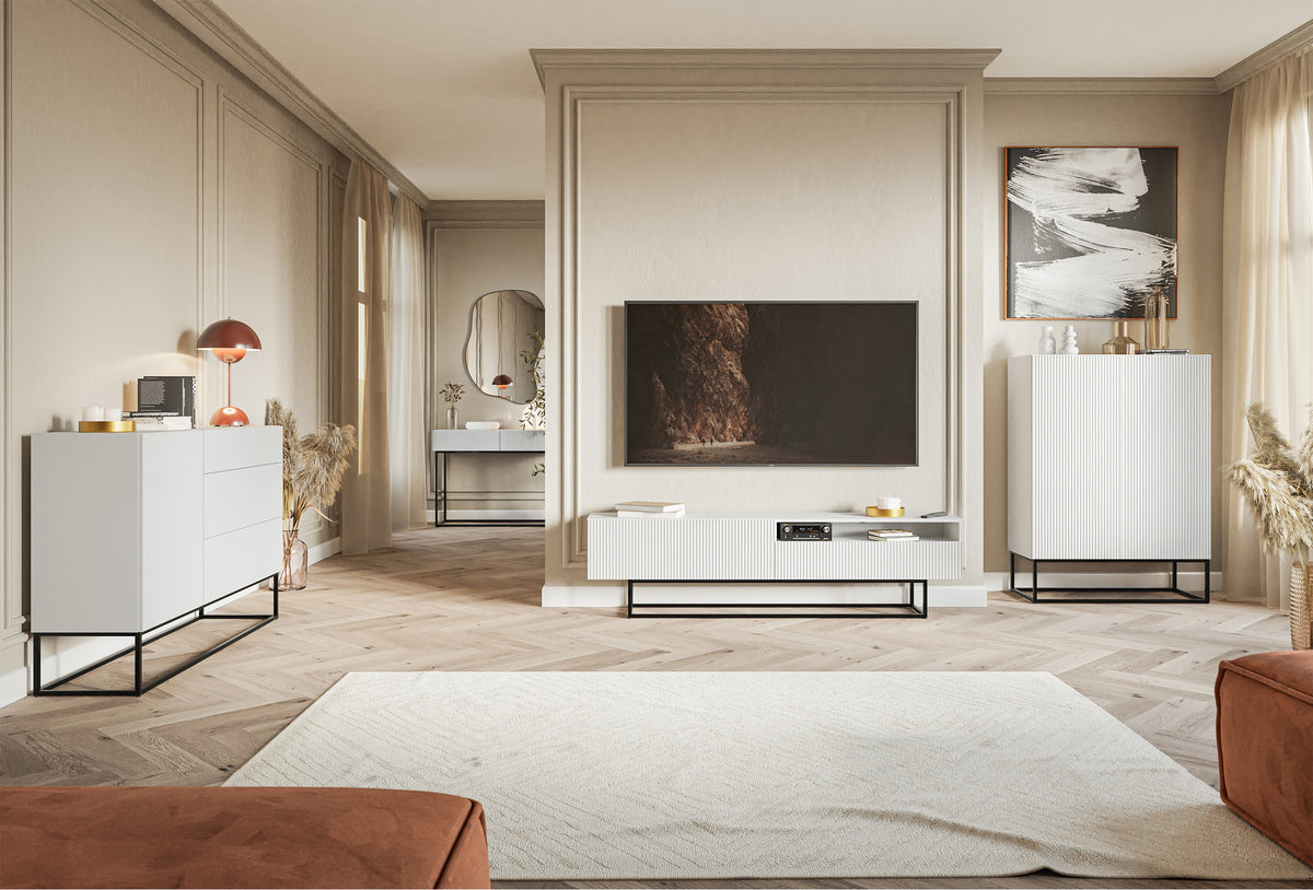 Meuble TV Veldio avec façade fraisée et niche 175 cm Blanc avec pieds noirs