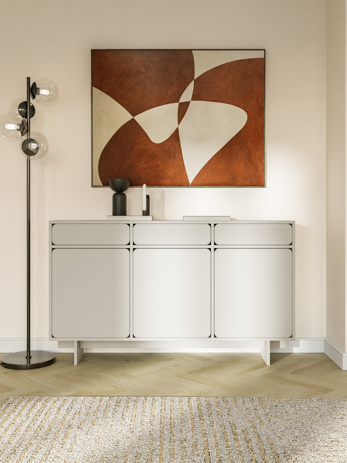 Drehtür-Kommode Wuwu mit drei Schubladen, 150 cm, grau-beige