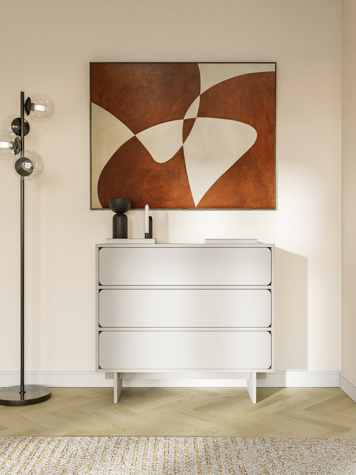 Commode Wuwu 101 cm gris beige avec trois tiroirs
