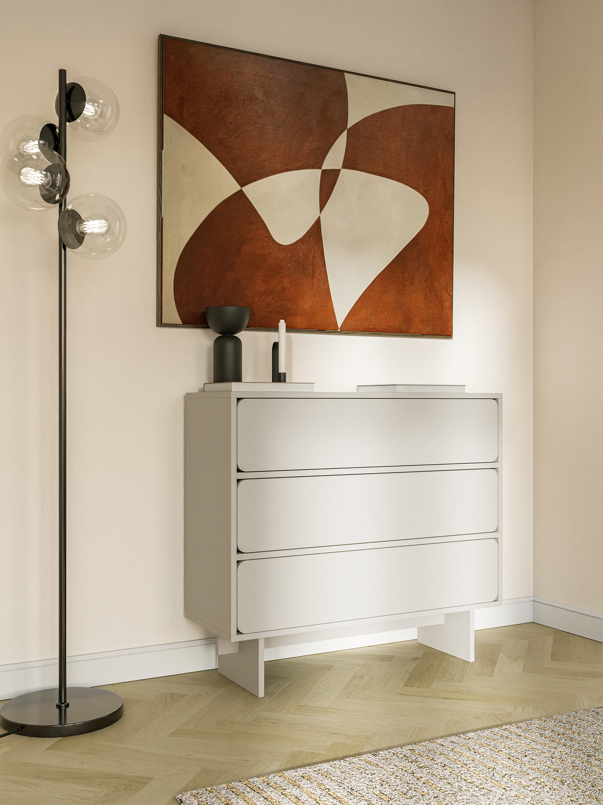 Commode Wuwu 101 cm gris beige avec trois tiroirs