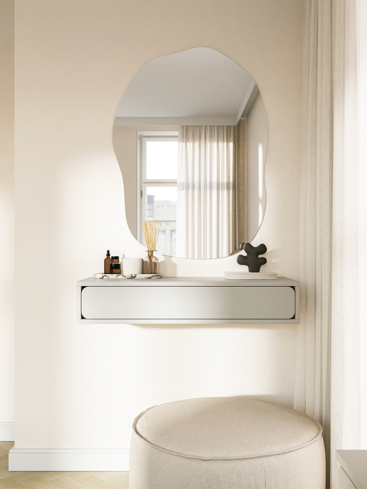 Hängende Konsole Wuwu mit einer Schublade, 90 cm, grau-beige