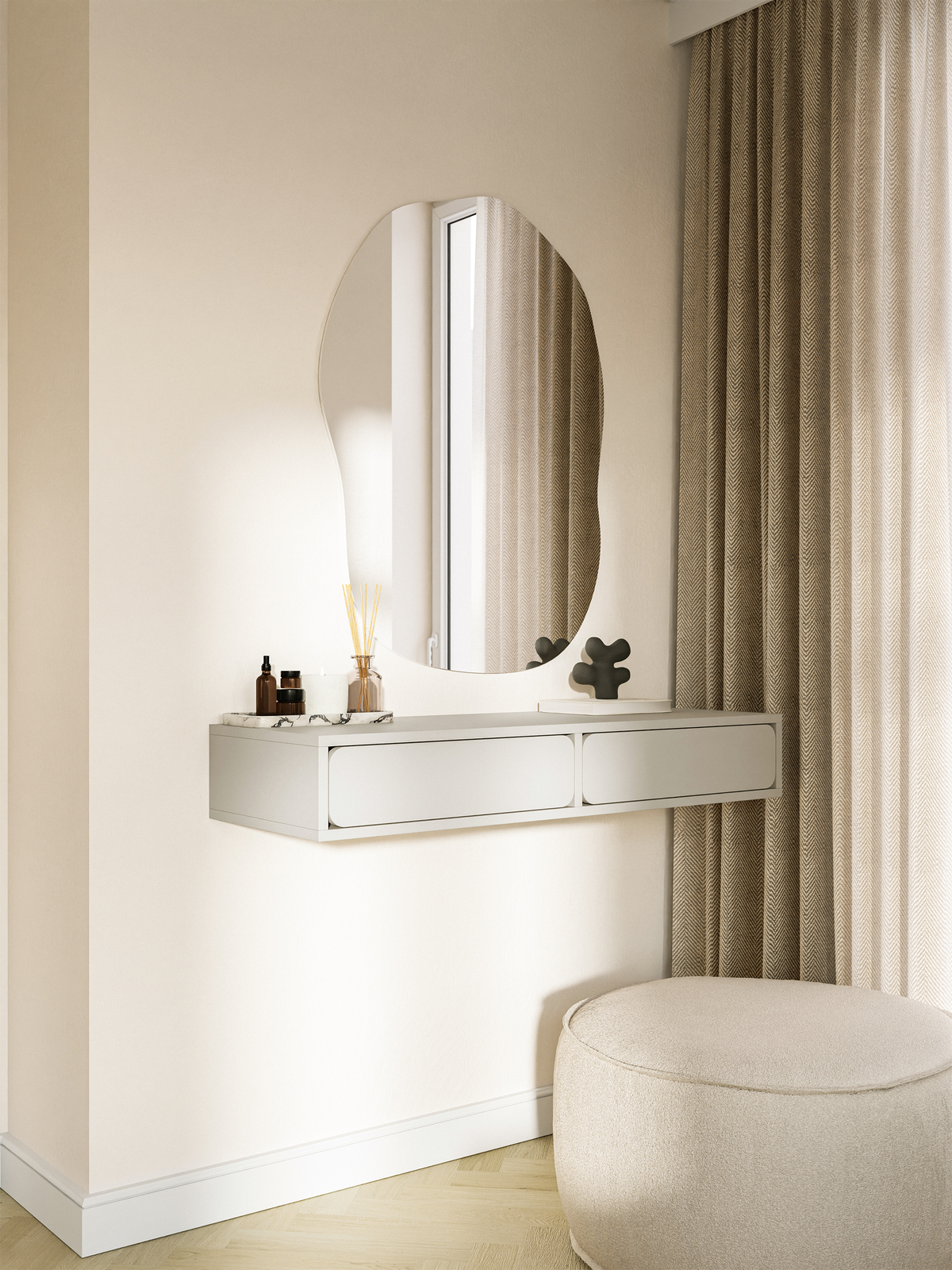Hängender Schminktisch Wuwu mit zwei Schubladen, 110 cm, grau-beige