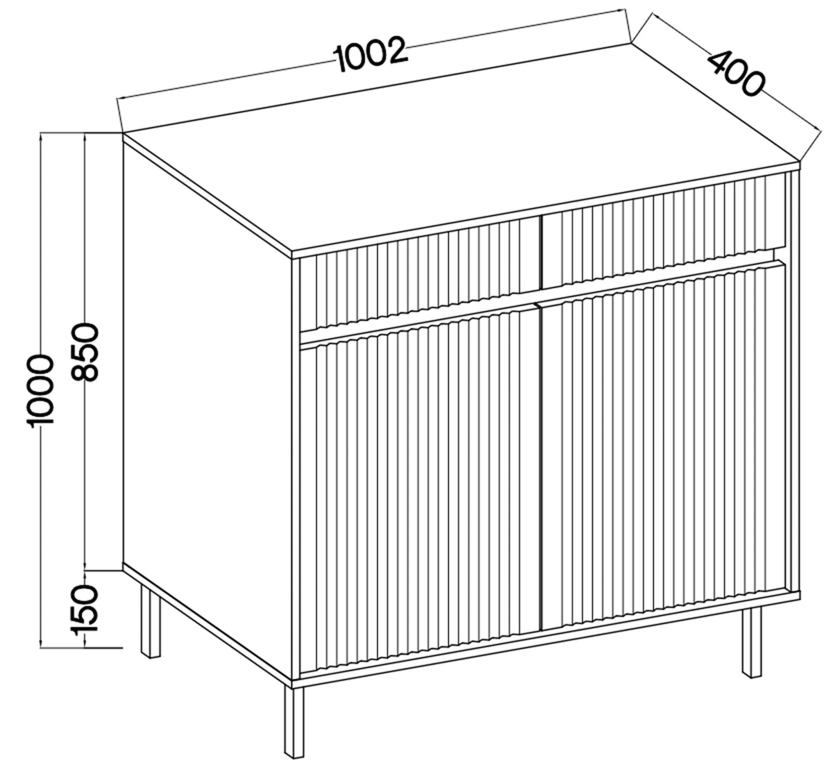 Commode deux portes Osaka avec deux tiroirs et façades rainurées 100 cm beige sable sur pieds noirs