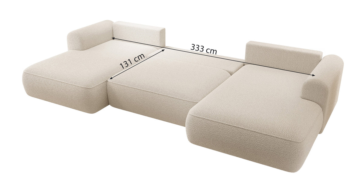 Ecksofa mit Schlaffunktion Ovo U-förmig mit Stauraum, grau Bouclé, universell verwendbar