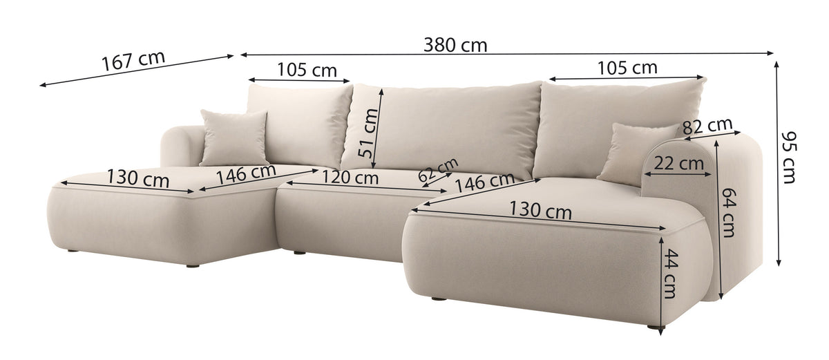 Canapé d’angle convertible Ovo en U avec rangement, velours olive facile à nettoyer, réversible