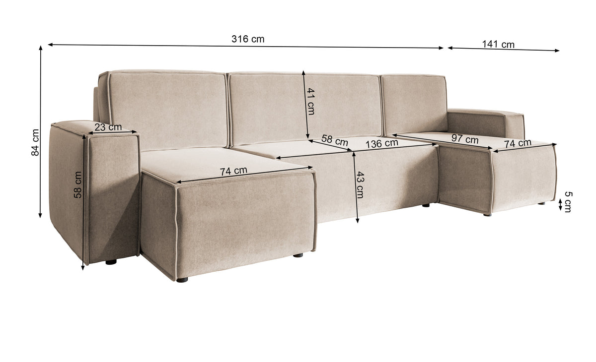 Canapé d'angle convertible Copertino en U avec coffre, universel, velours hydrofuge cuivre