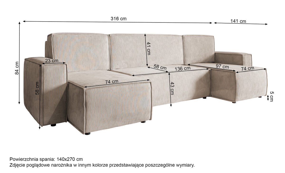 U-förmige Eckcouch Copertino mit Schlafunktion und Stauraum, universell beige Cordstoff