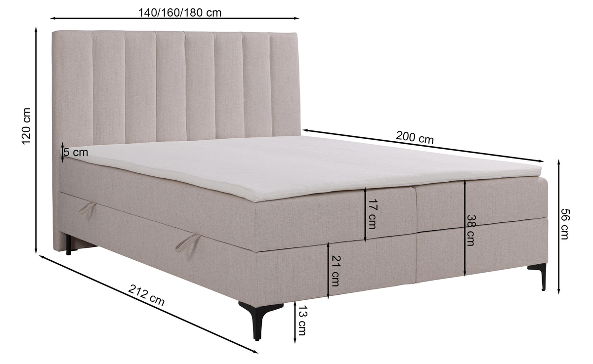 Lit continental 180x200 cm Lorentes avec rangement et surmatelas, tissage gris foncé