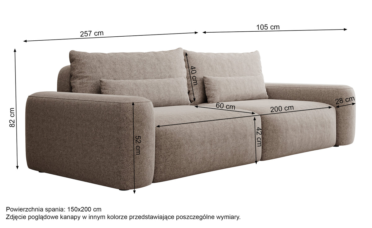 Dreisitziges ausklappbares Sofa Carnos, cremefarben, hydrophober Chenille-Stoff, schwarze Beine