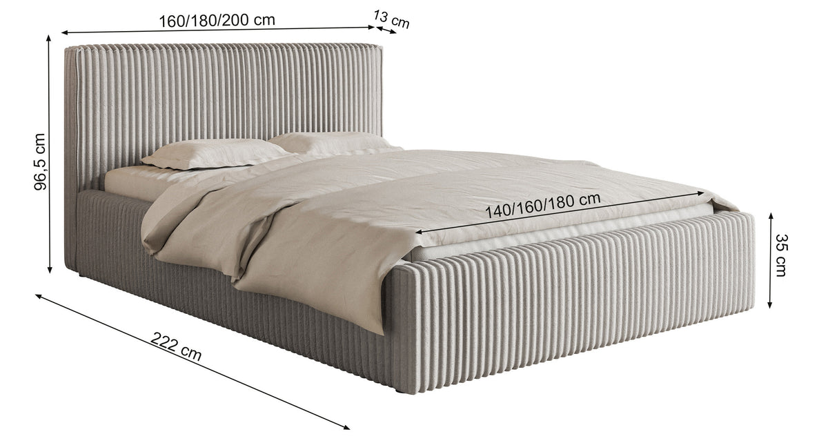 Polsterbett 140x200 cm Tilio mit Stauraum, Metallrahmen, hellbeige, grober Cordstoff