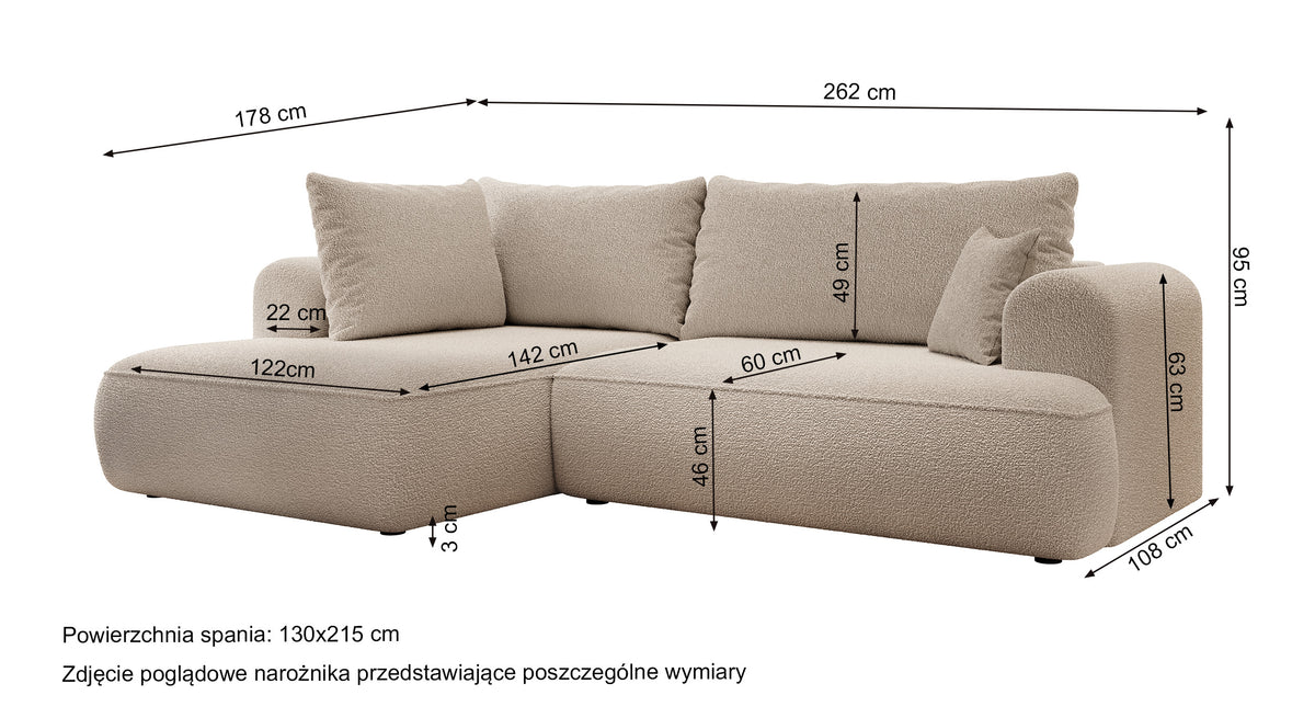 Canapé d'angle avec fonction couchage Ovo en L, accoudoir et coffre de rangement, boucle gris foncé, côté gauche