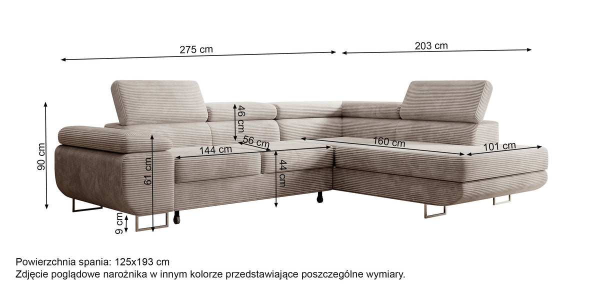 Ecksofa mit Schlafunktion Stevil, L-förmig, mit Stauraum, schwarzer Cord, linksseitig
