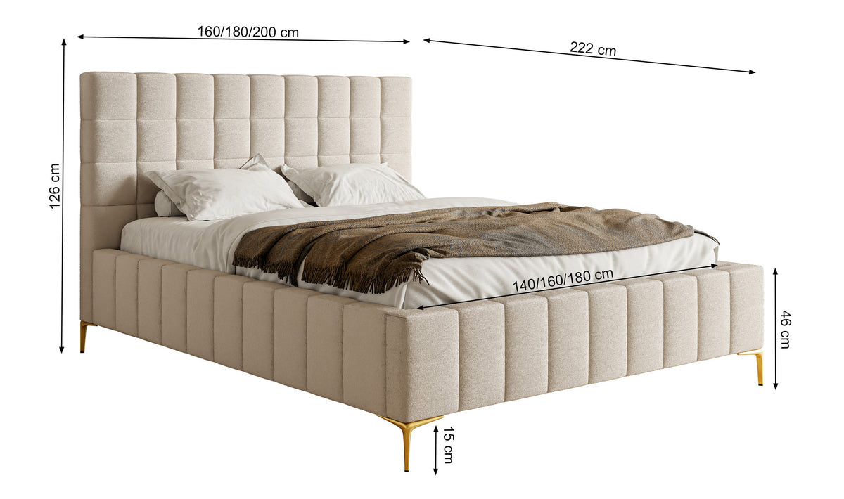 Lit tapissé 140x200 cm Szejlo avec rangement, cadre métallique, chenille gris clair