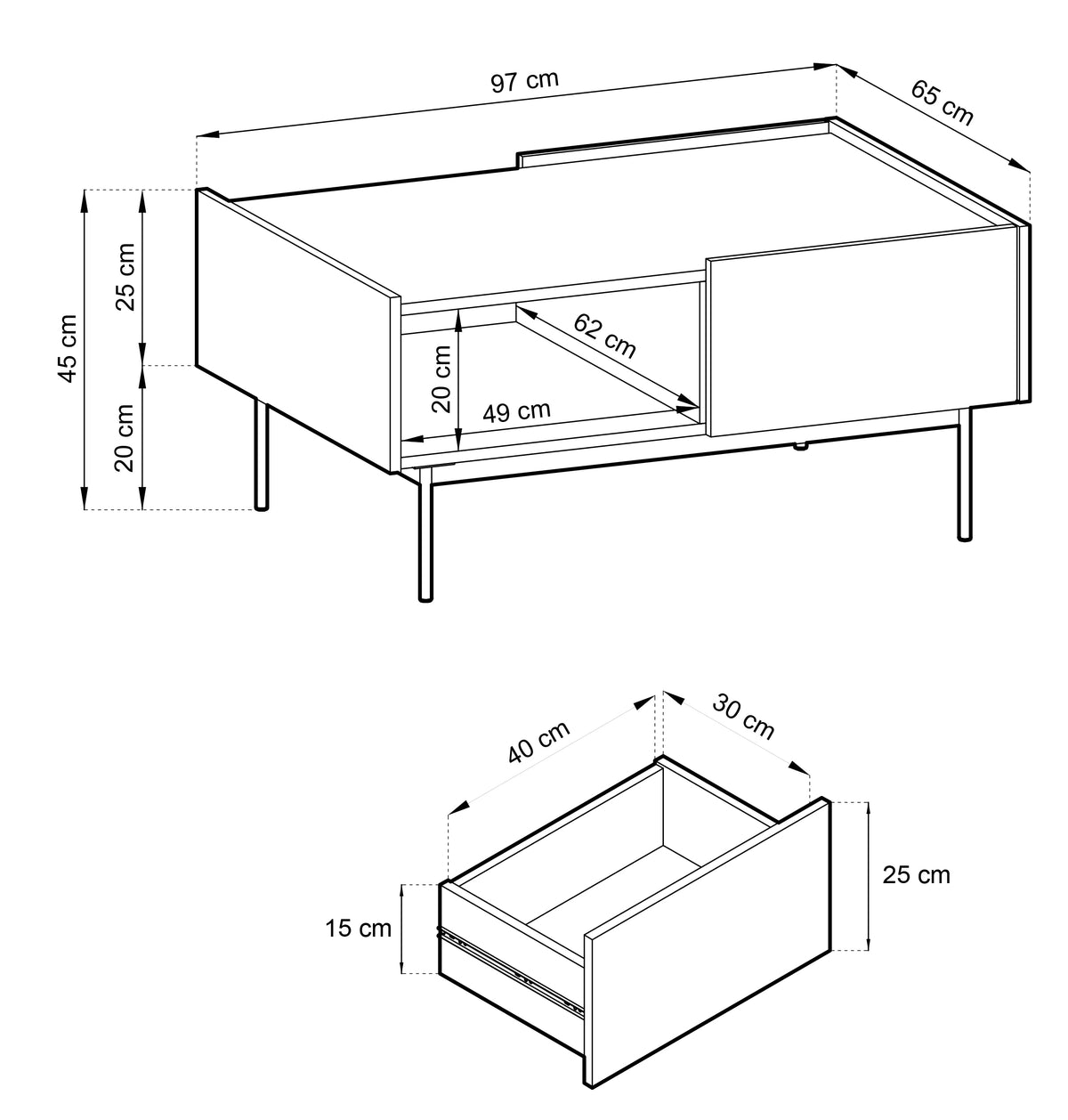 Table basse Color 97x65 cm avec tiroirs Brique / Chêne Linea