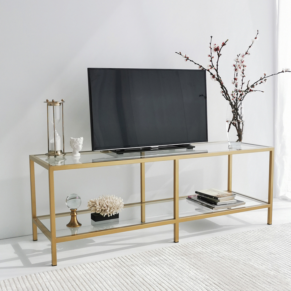 Meuble TV en verre Bassoca avec cadre doré 130 cm