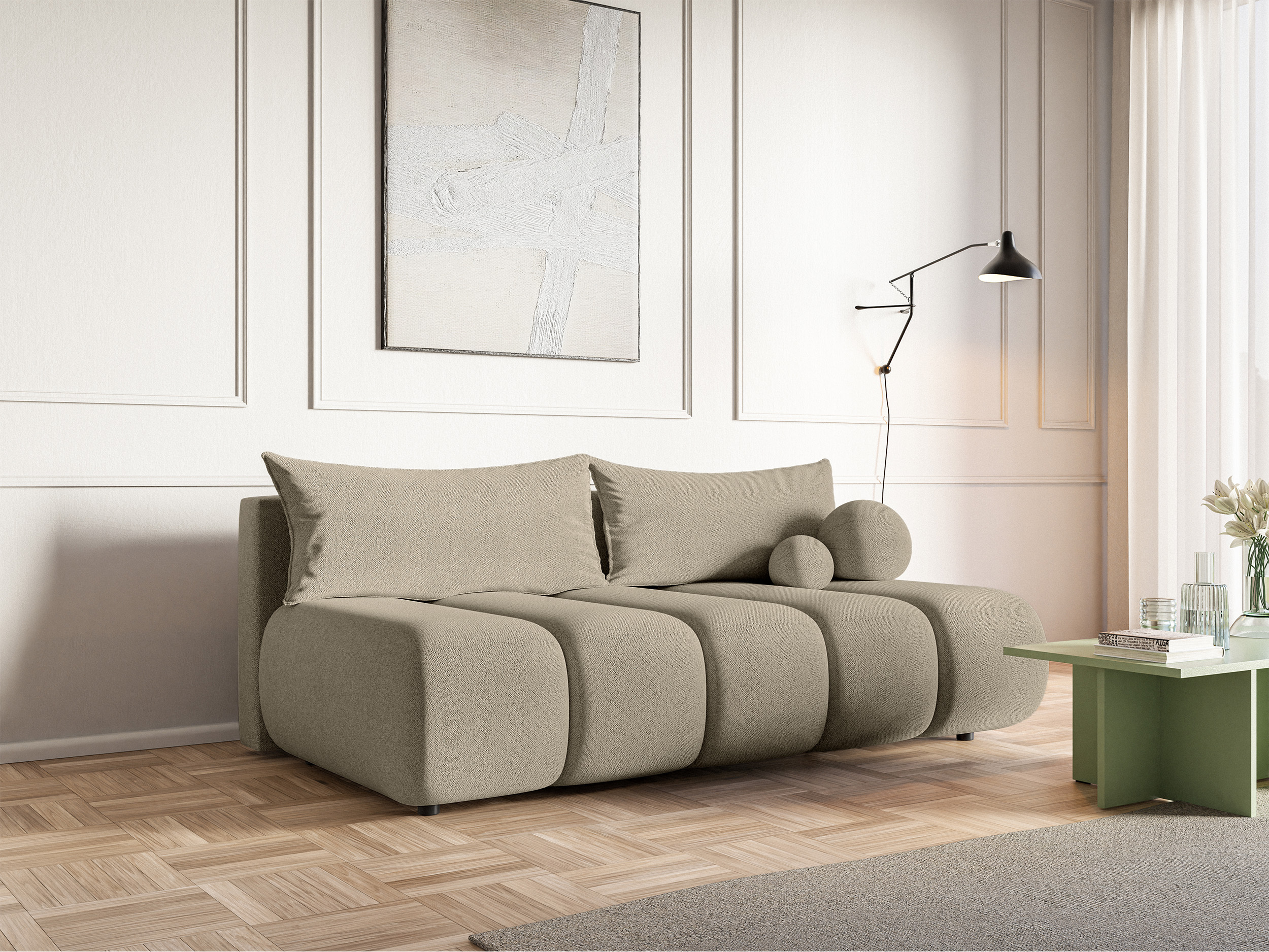 Kanapa trzyosobowa Dandelino Mini z funkcją spania jasnobeżowa szenil