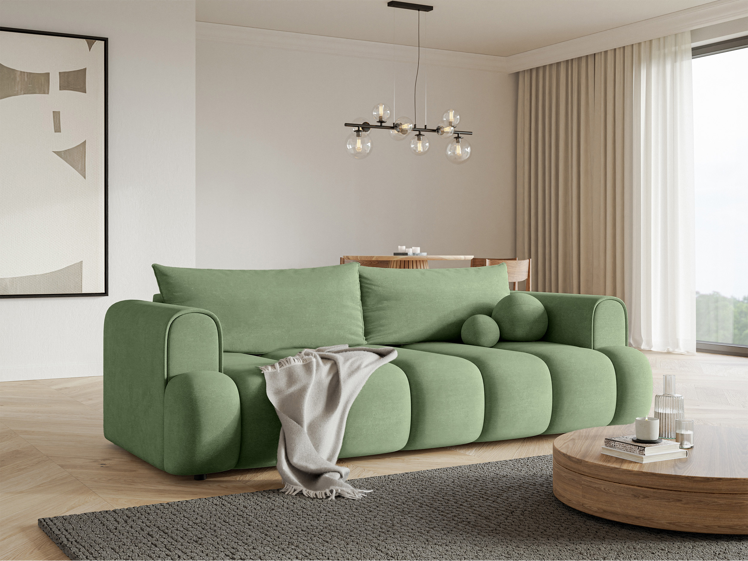 Kanapa trzyosobowa Dandelino z funkcją spania eukaliptusowa welur hydrofobowy