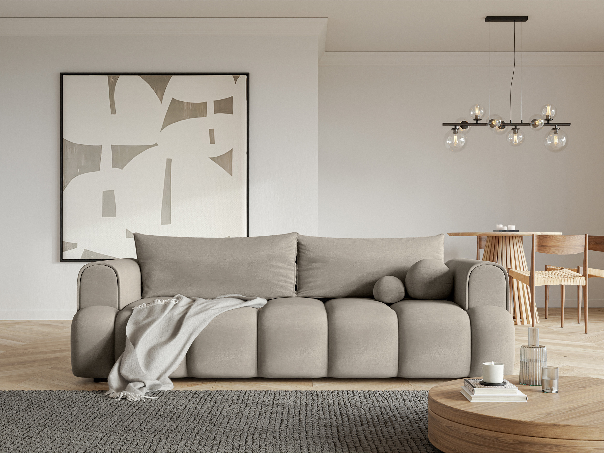 Kanapa trzyosobowa Dandelino z funkcją spania szara welur hydrofobowy