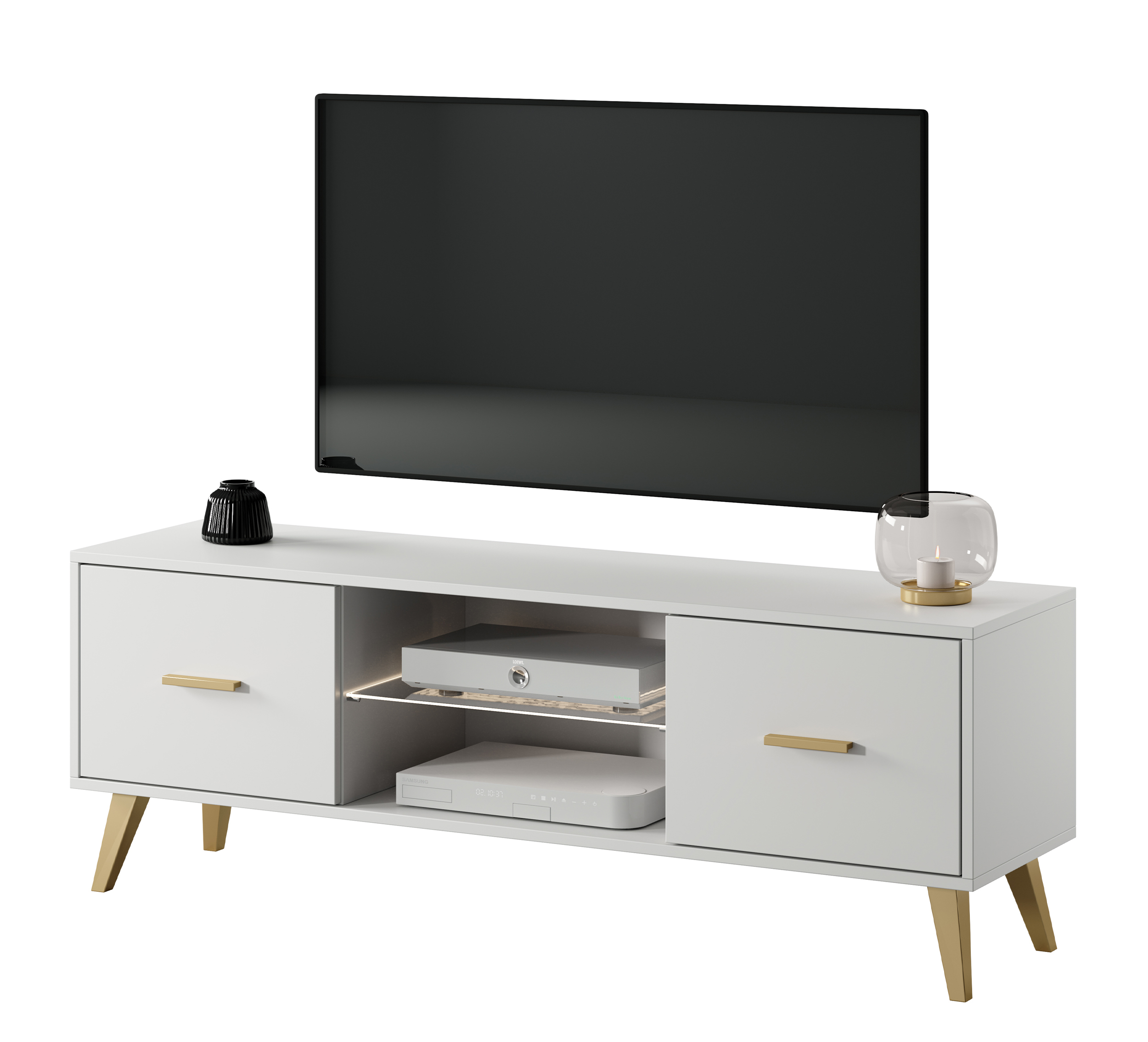 Meuble TV Savoni I 140 cm blanc avec pieds et poignées dorés