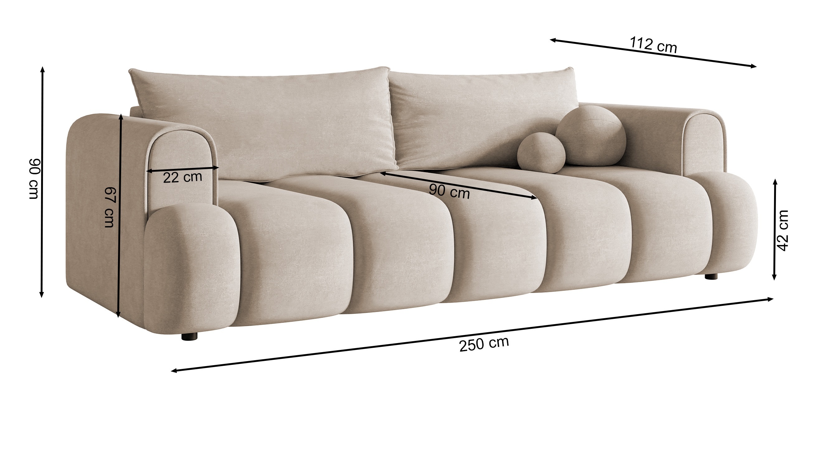 Kanapa trzyosobowa Dandelino z funkcją spania eukaliptusowa welur hydrofobowy