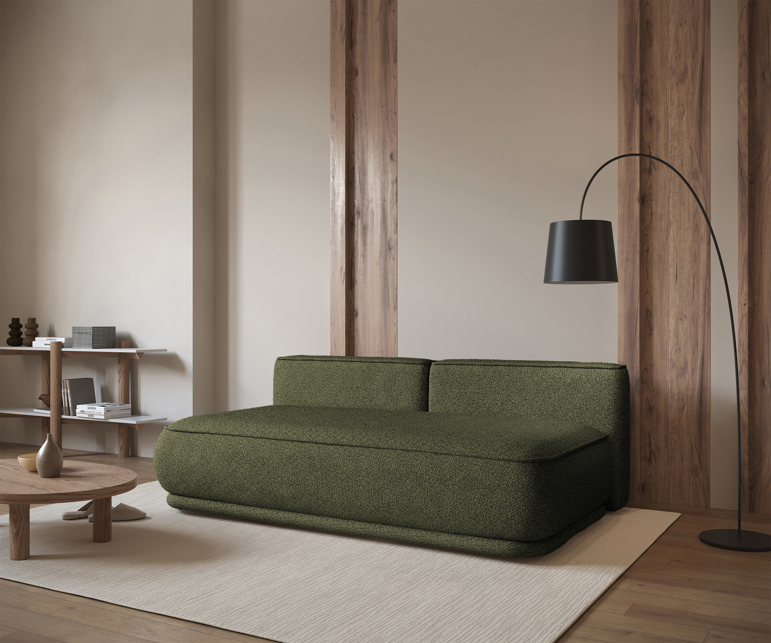 Kanapa rozkładana trzyosobowa Leanno z pojemnikiem oliwkowa boucle