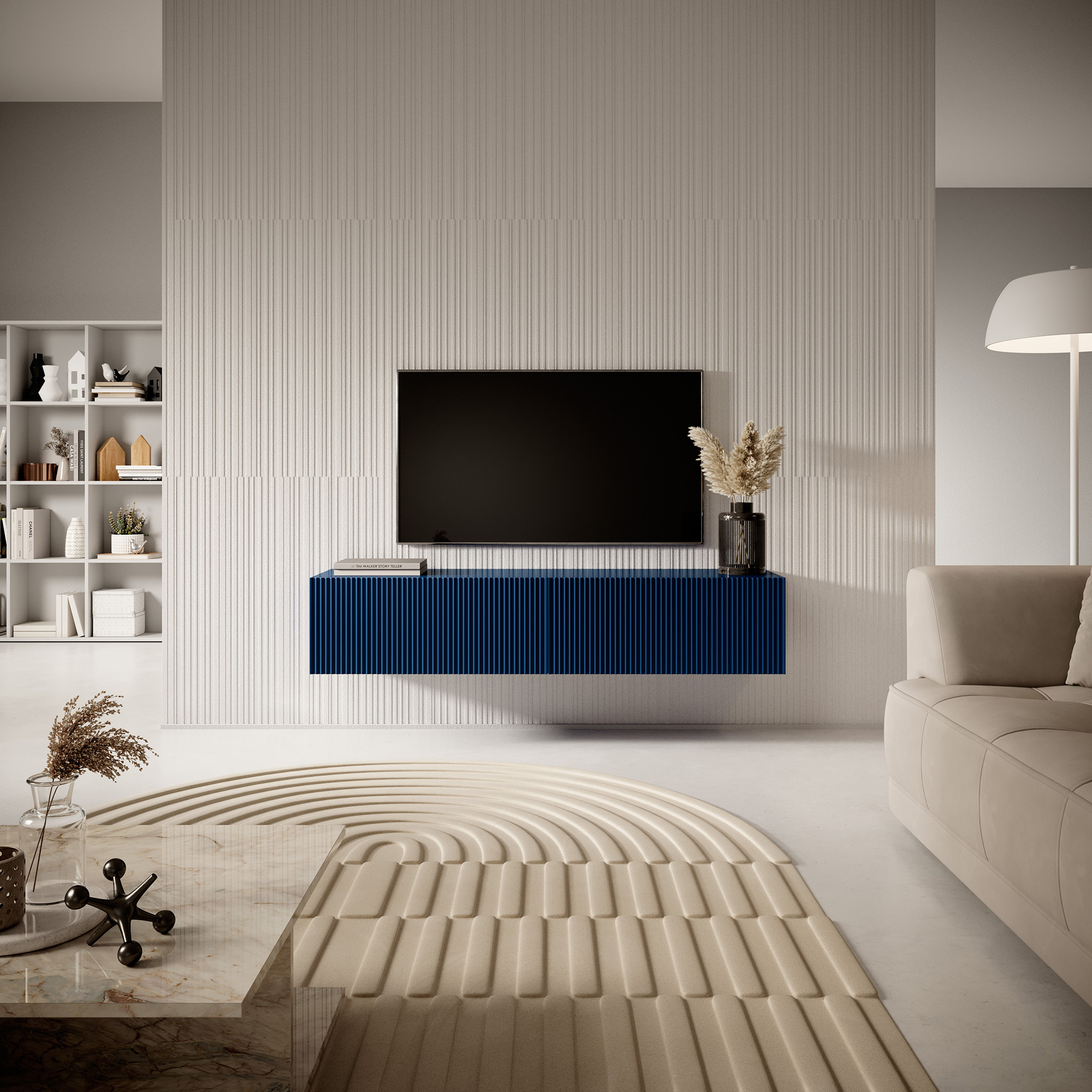 VELDIO Meuble TV 140 cm bleu marine avec façade fraisée