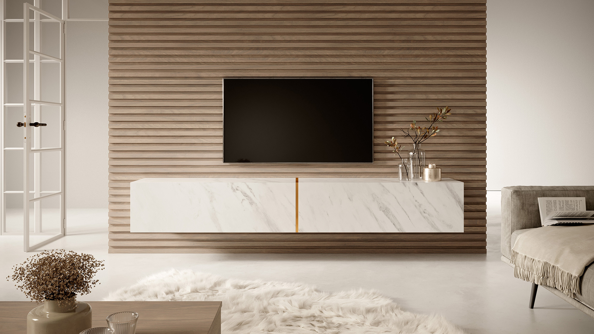 BISIRA Meuble TV 200 cm en marbre blanc avec incrustation d'or