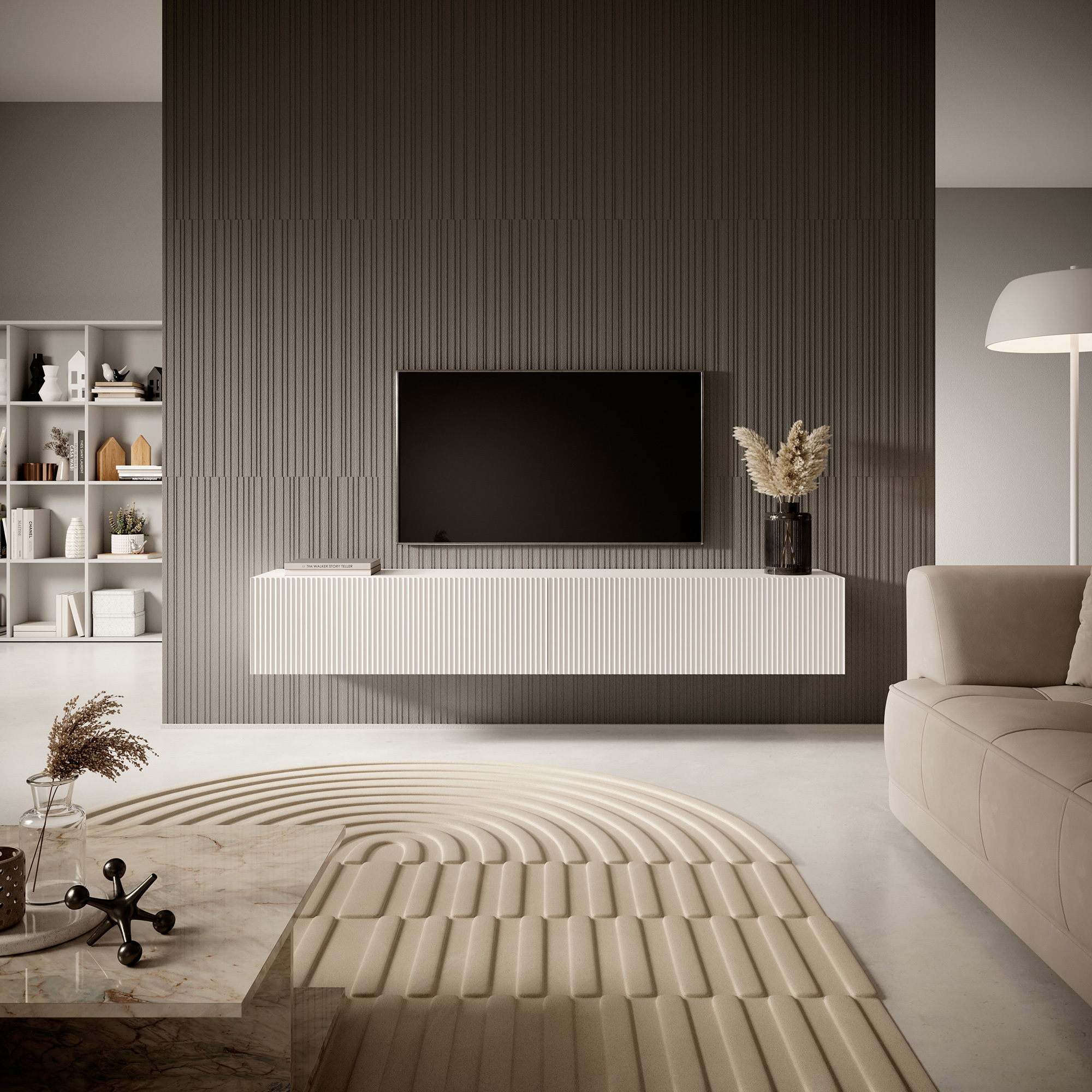 VELDIO Meuble TV 175 cm blanc avec façade fraisée