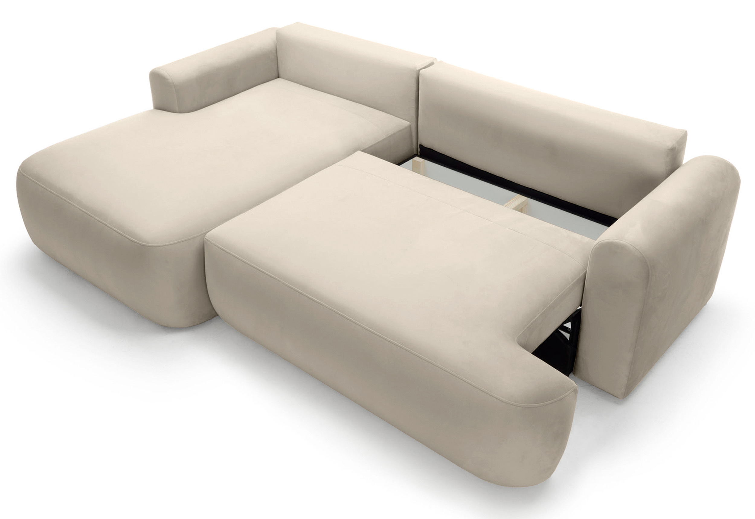 Jasnobeżowy narożnik Ovo L-kształtny z funkcją spania i pojemnikiem na pościel, idealny do salonu.