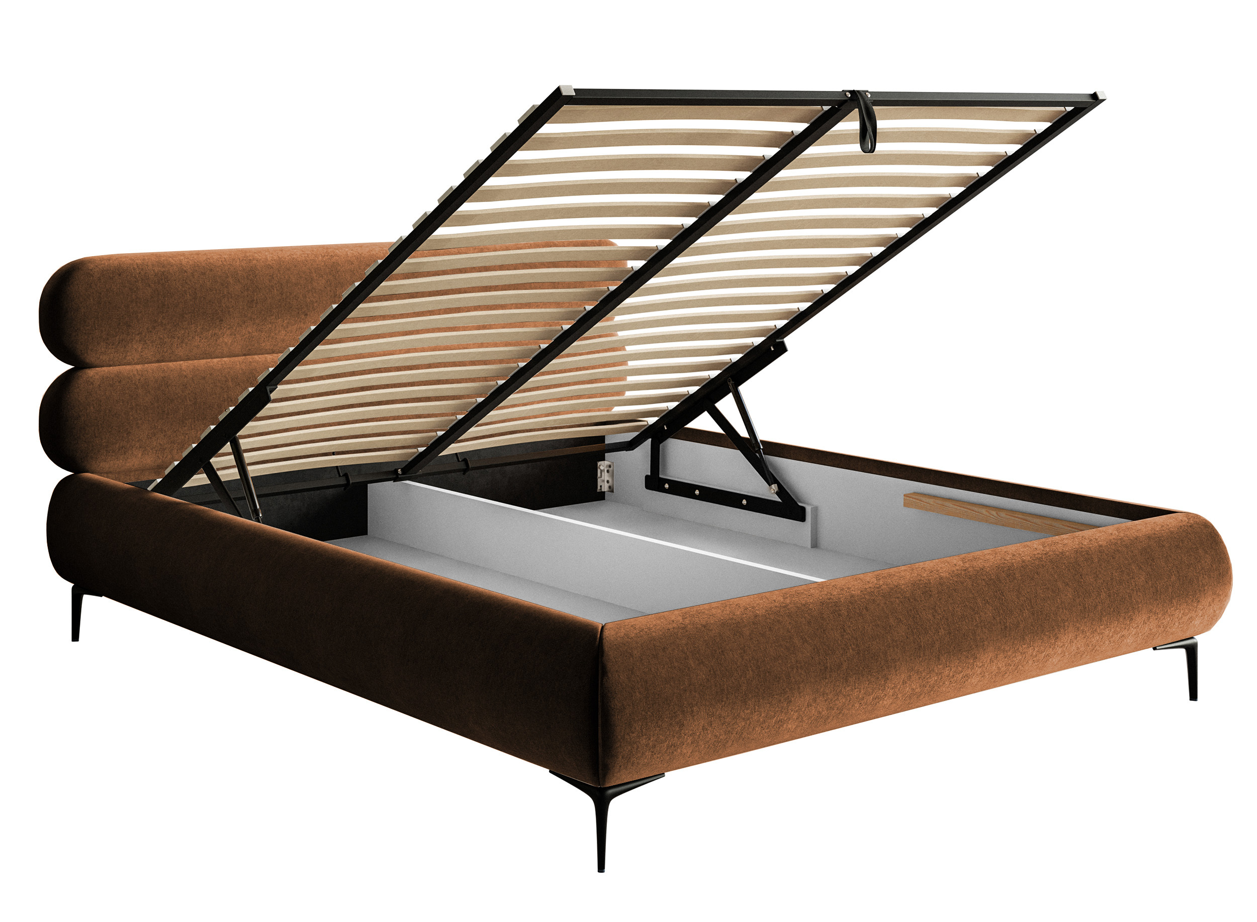 Łóżko tapicerowane 160x200 cm Roule z pojemnikiem stelaż metalowy miedziane welur hydrofobowy nóżki czarne