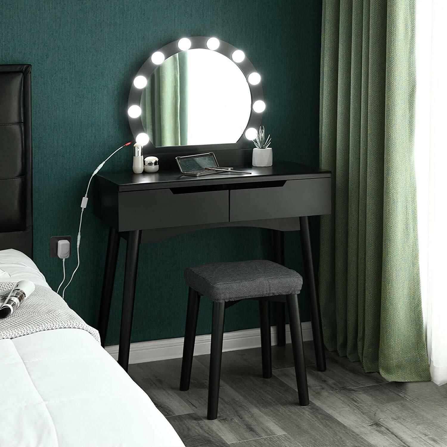 DERRA Coiffeuse noire miroir avec éclairage tabouret inclus