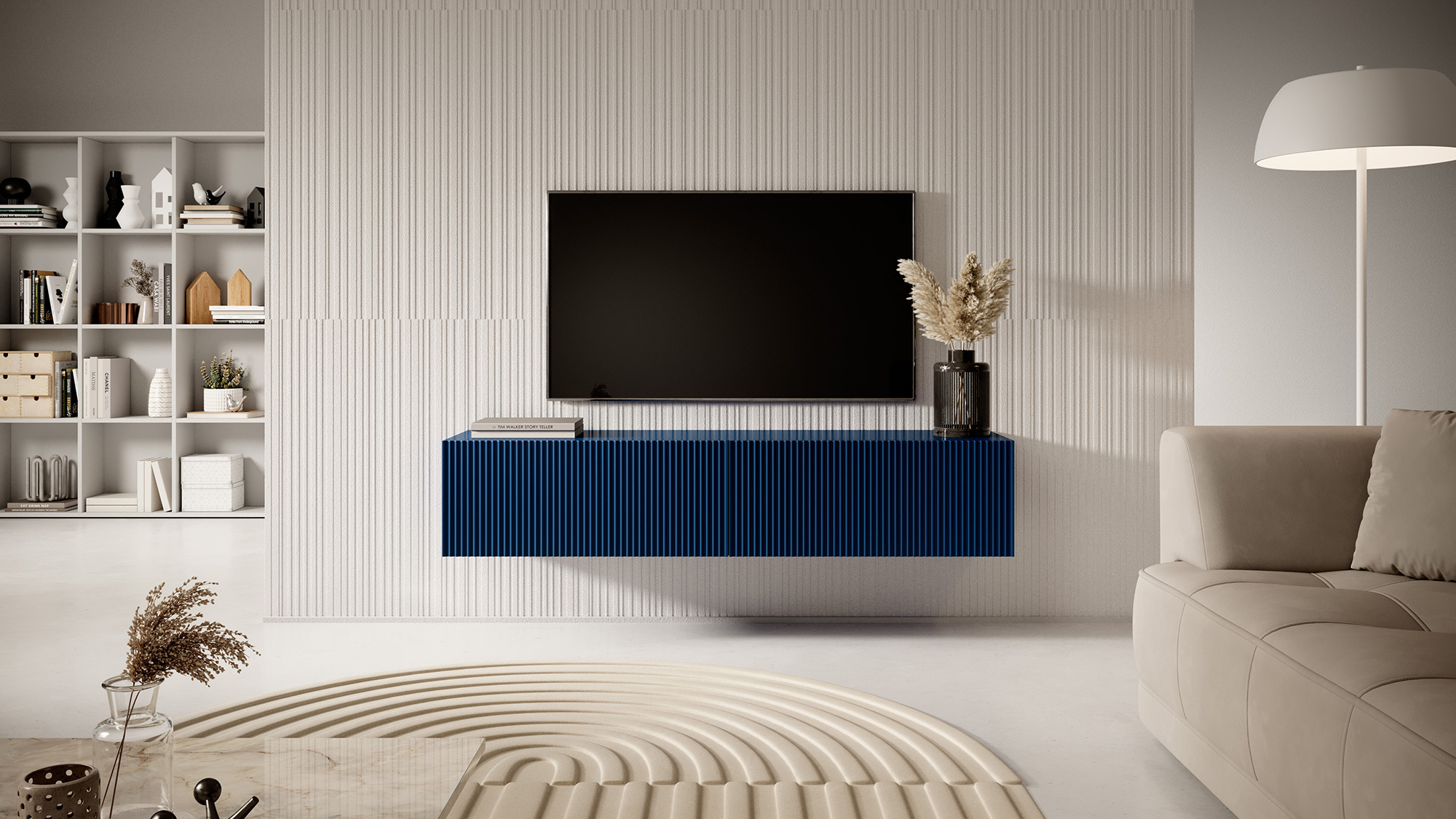 VELDIO Meuble TV 140 cm bleu marine avec façade fraisée