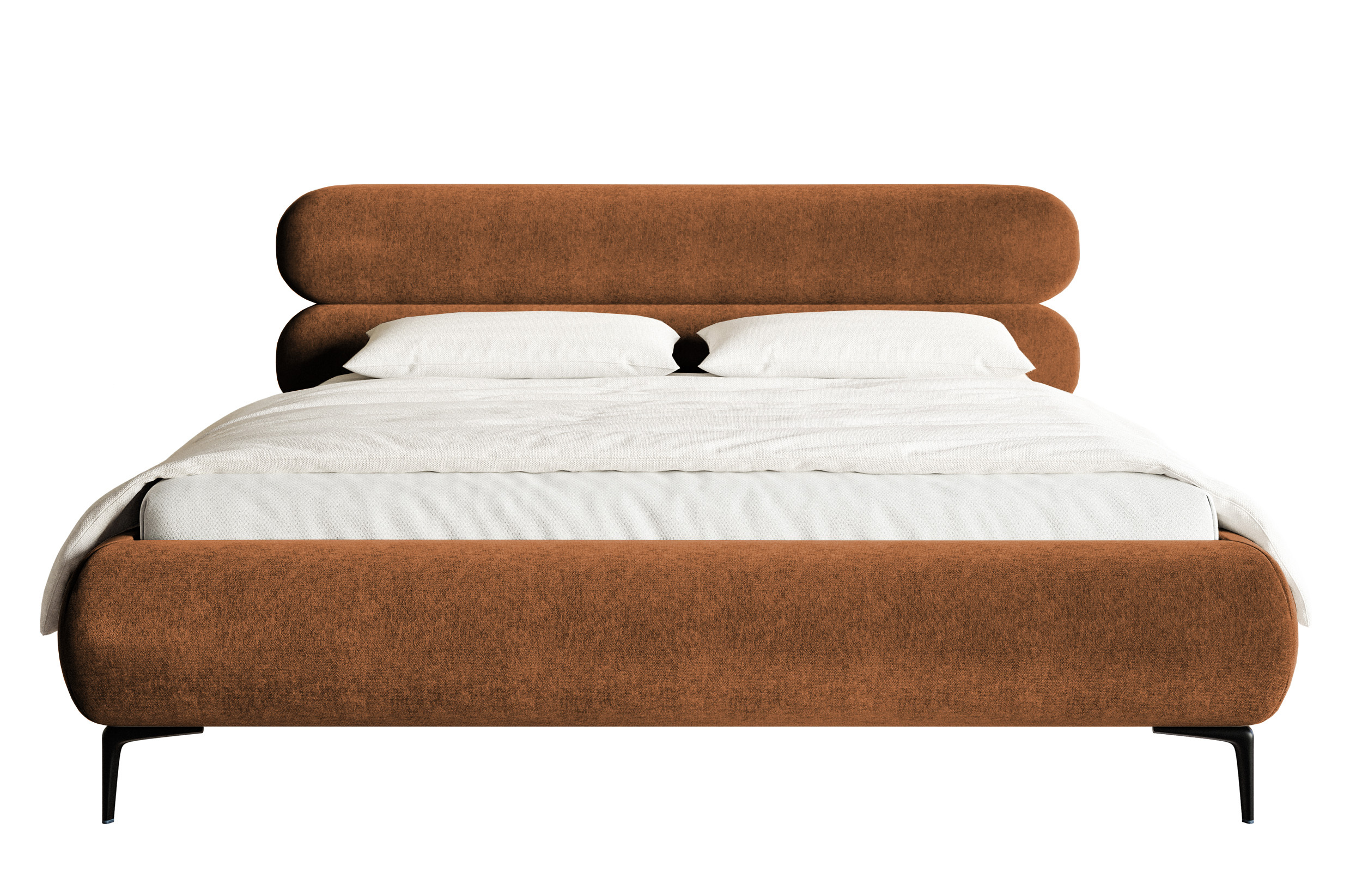 Łóżko tapicerowane 160x200 cm Roule z pojemnikiem stelaż metalowy miedziane welur hydrofobowy nóżki czarne