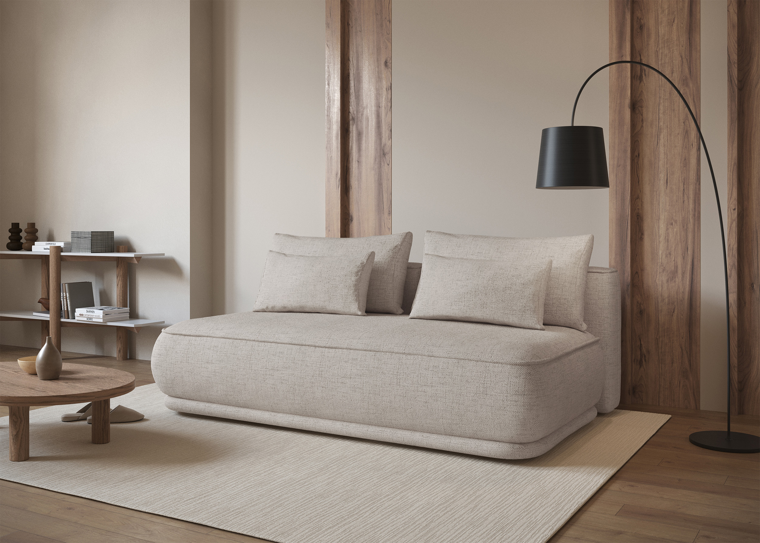 Kanapa rozkładana trzyosobowa Leanno z pojemnikiem jasnobeżowa szenil hydrofobowy