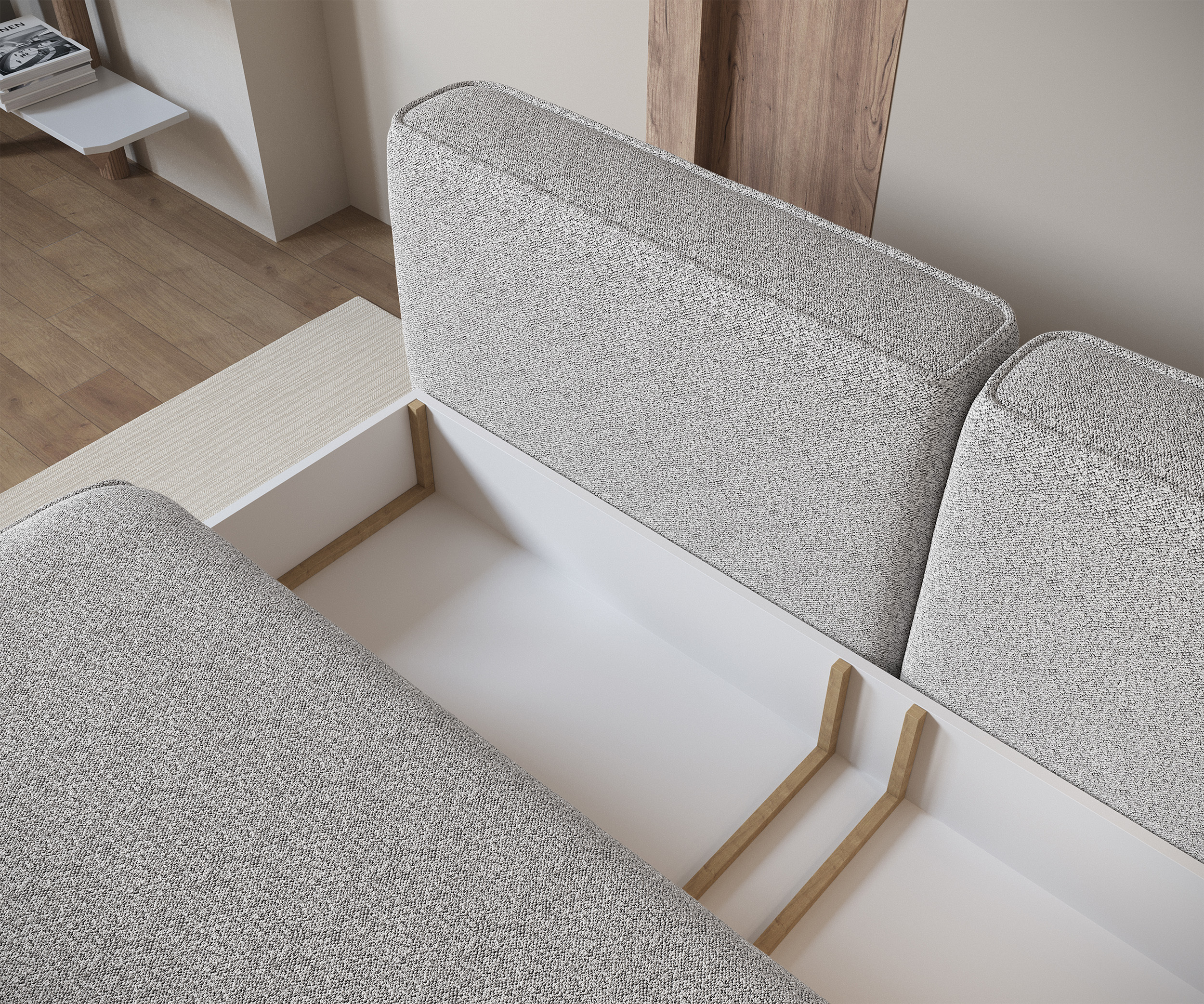 Kanapa rozkładana trzyosobowa Leanno z pojemnikiem jasnoszara boucle