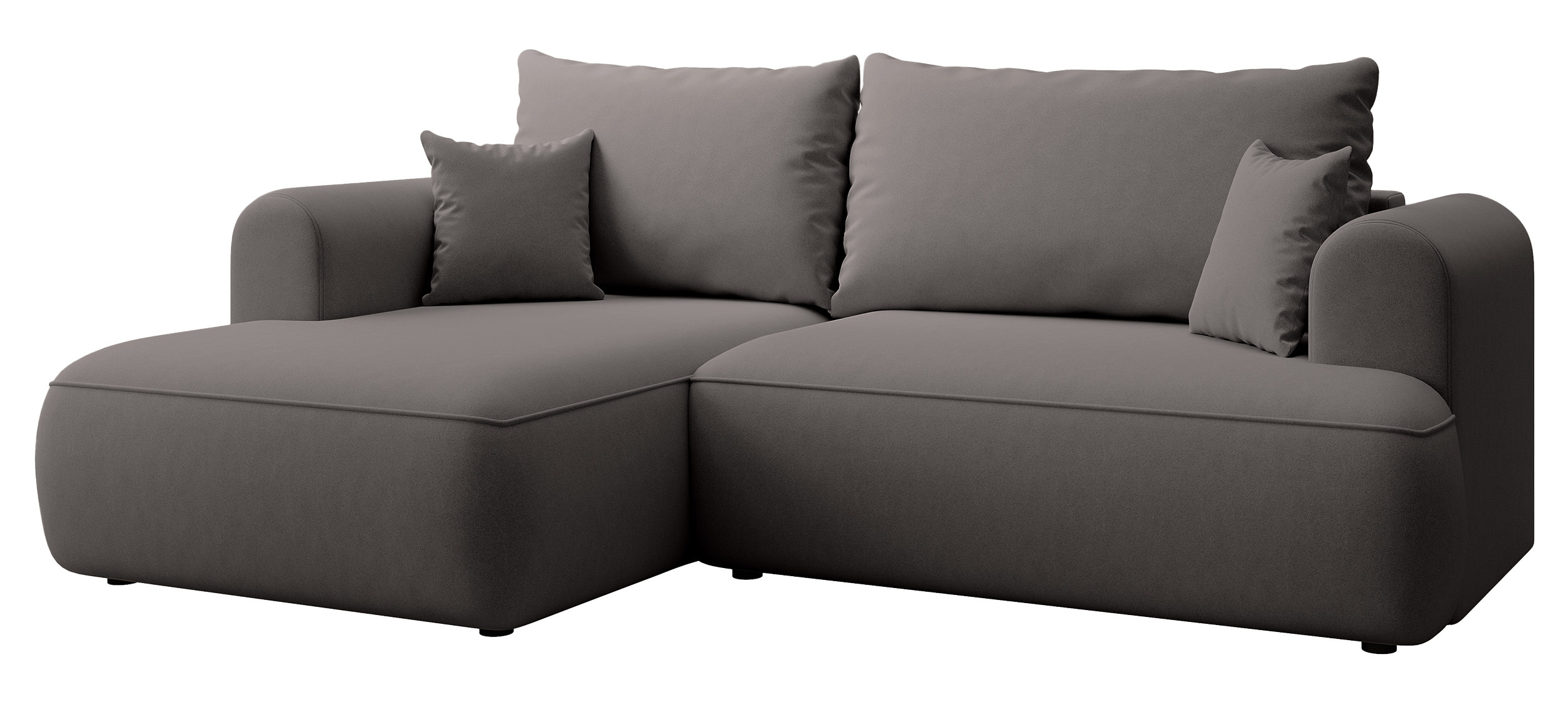 Ciemnoszary narożnik Ovo mini lewostronny z funkcją spania i pojemnikiem na pościel.