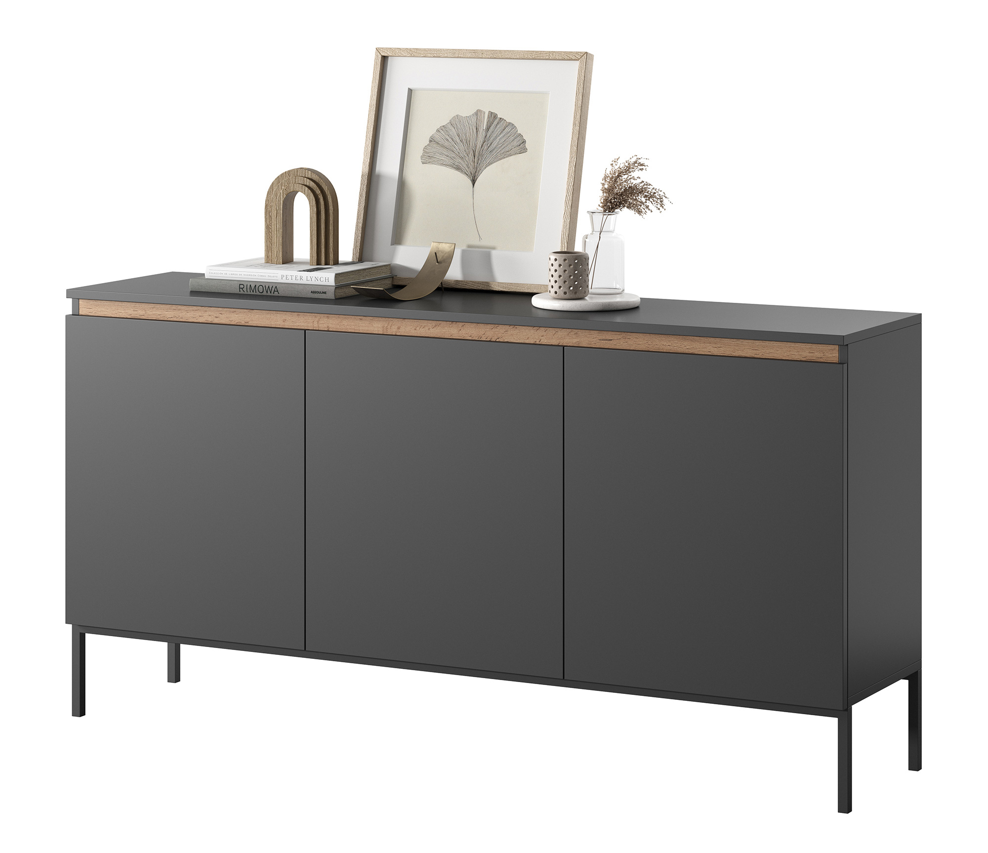 Commode 3 portes Bemmi 150 cm graphite avec un insert en chêne wotan