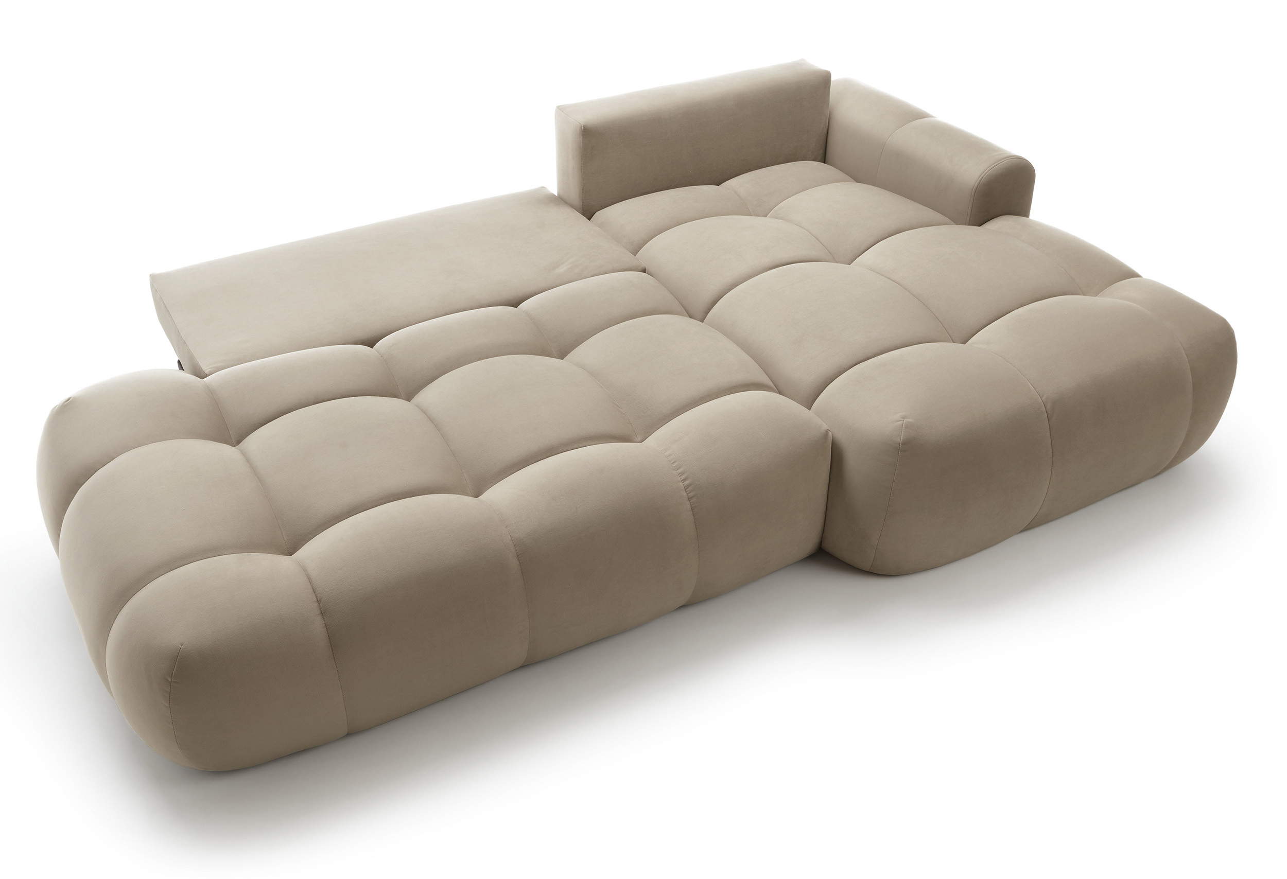 Beżowy narożnik Ombo L-kształtny z funkcją spania i pojemnikiem na pościel, idealny do salonu.