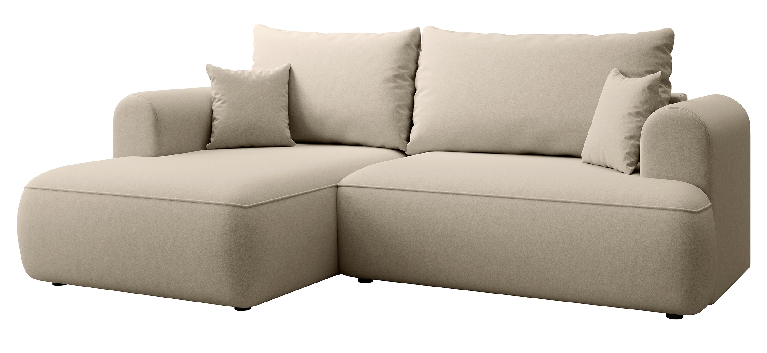 Jasnobeżowy narożnik Ovo mini L-kształtny z funkcją spania i pojemnikiem na pościel.