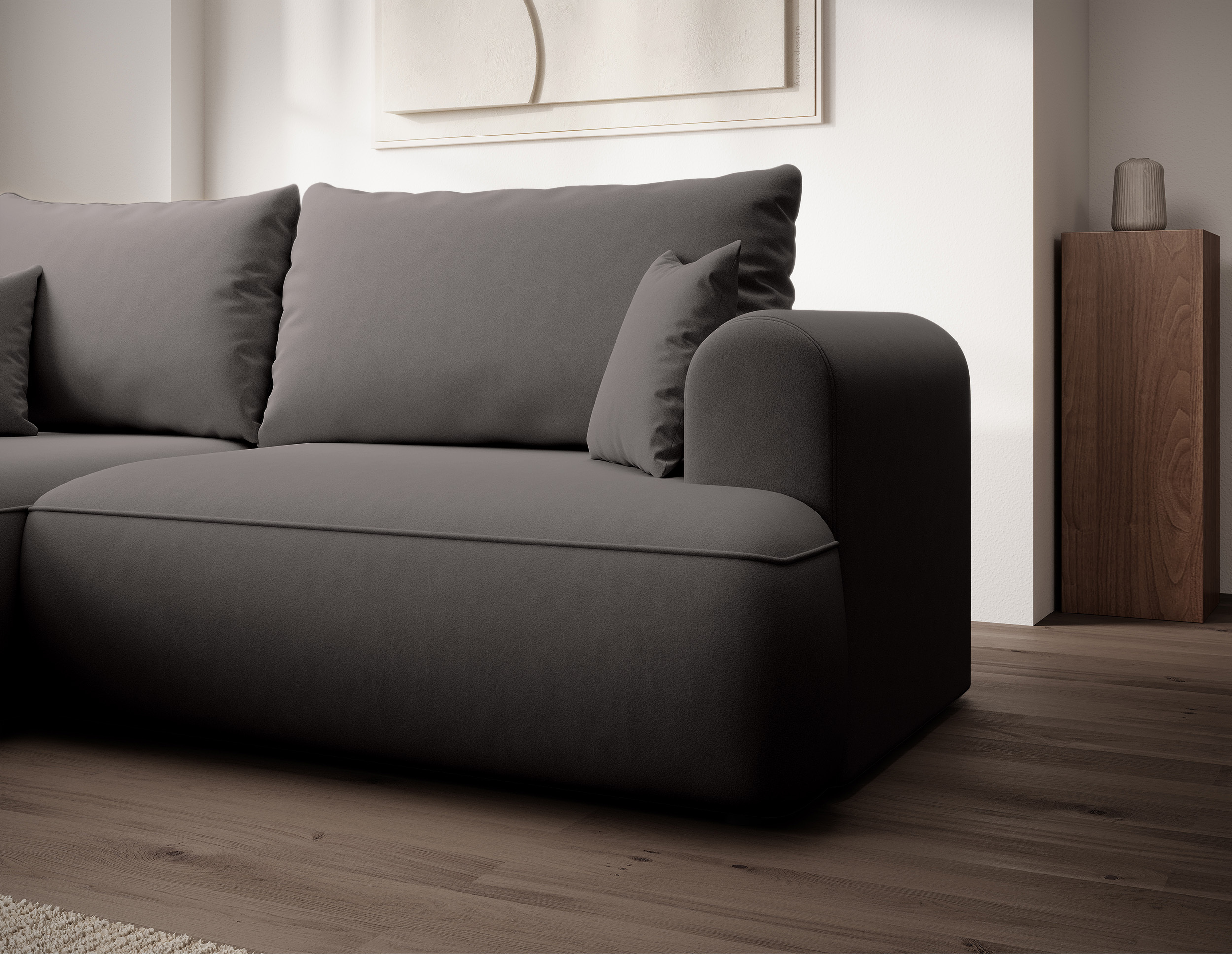 Ciemnoszary narożnik Ovo mini lewostronny z funkcją spania i pojemnikiem na pościel.