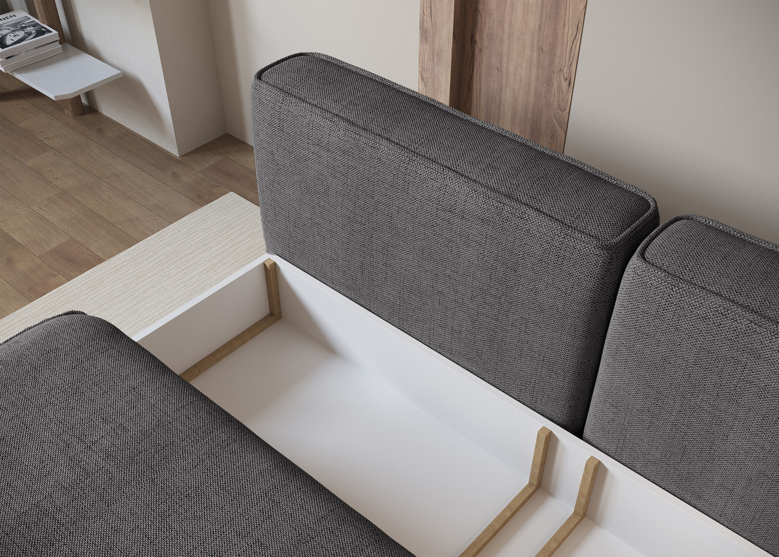 Kanapa rozkładana trzyosobowa Leanno z pojemnikiem ciemnoszara szenil hydrofobowy