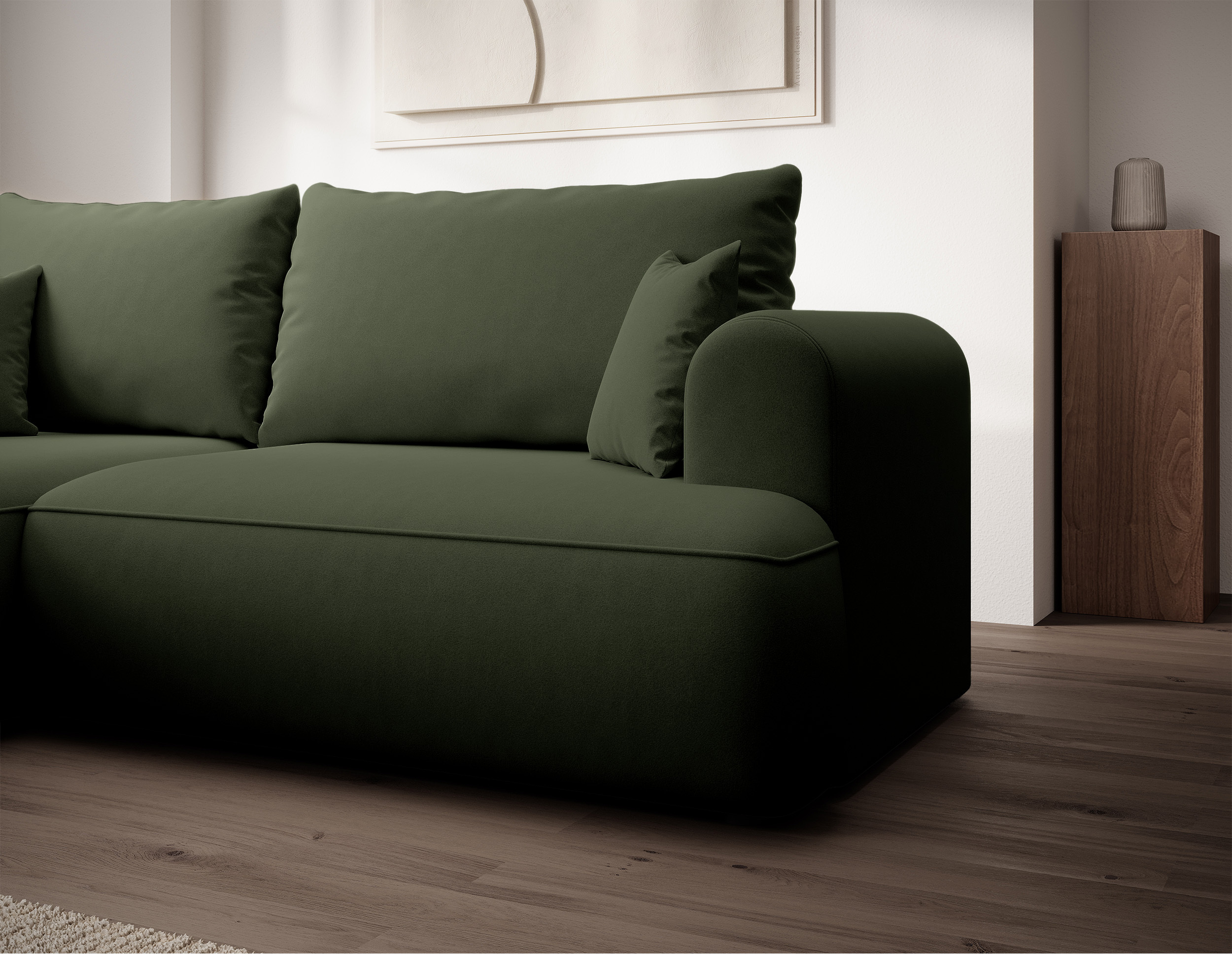 Oliwkowy narożnik Ovo mini L-kształtny z funkcją spania, idealny do nowoczesnego salonu.