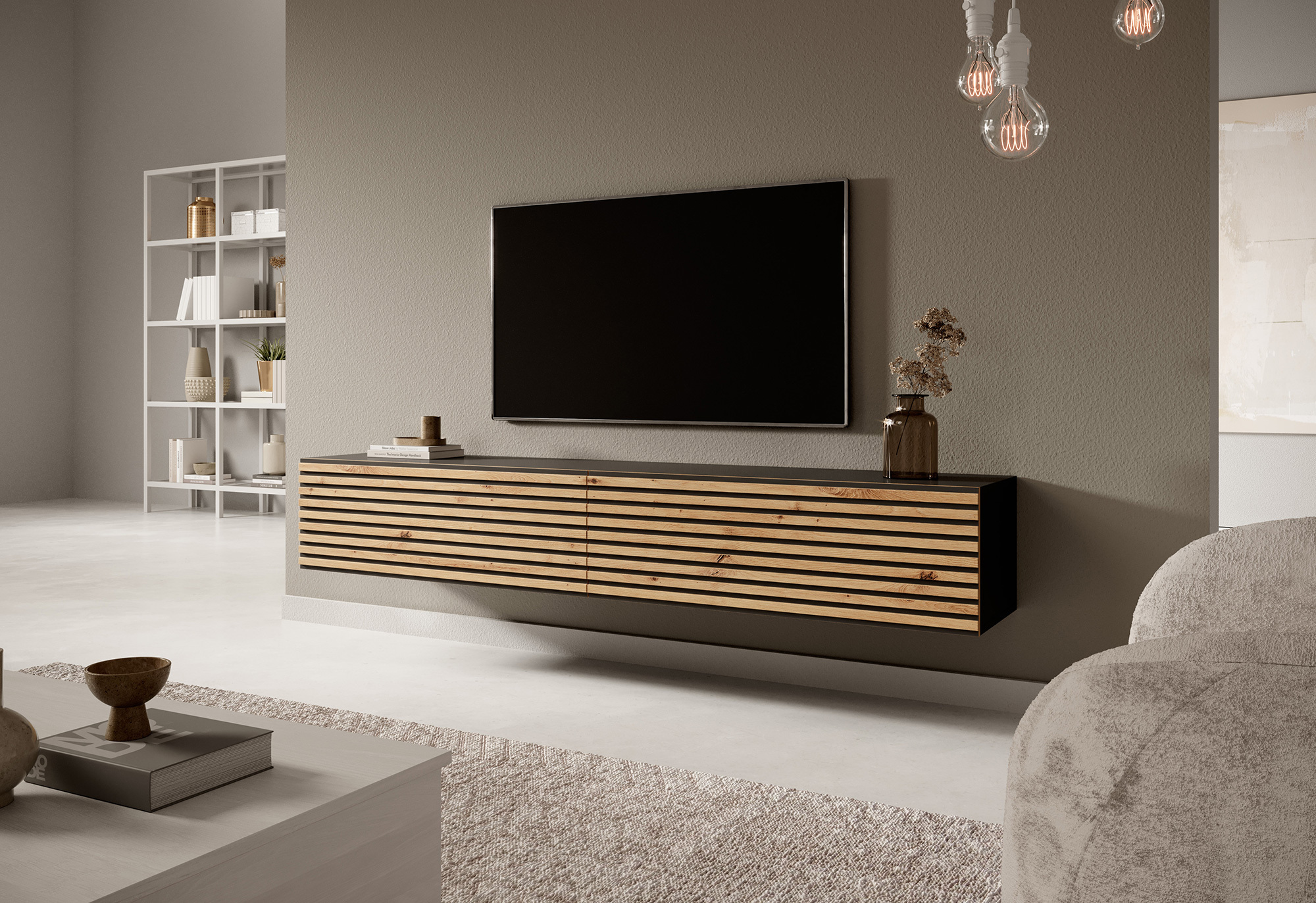 PAVAS Meuble TV 175 cm graphite avec façade à lamelles en chêne artisanal et inserts graphite