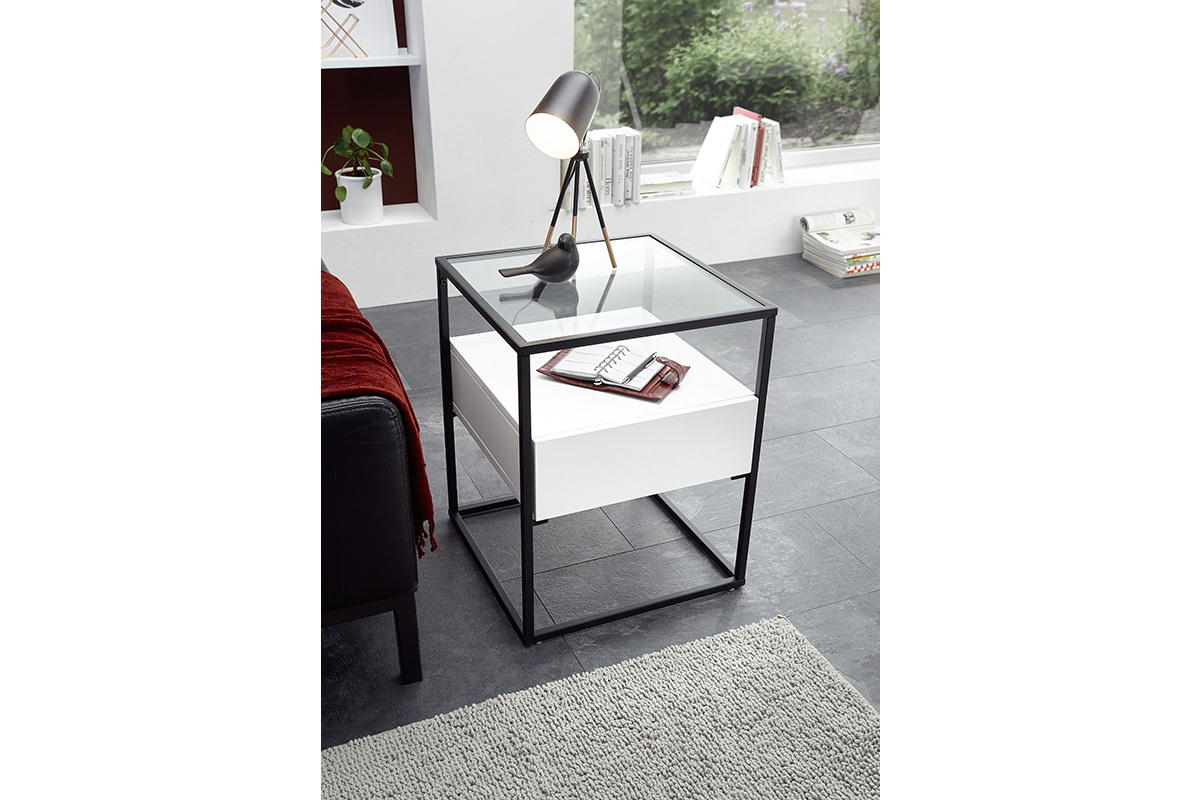Table Pagittles 43x43cm avec deux tiroirs blanc mat