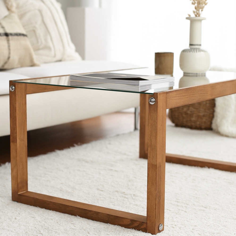 Table basse en verre Vionn 55x85 cm sur pieds en bois