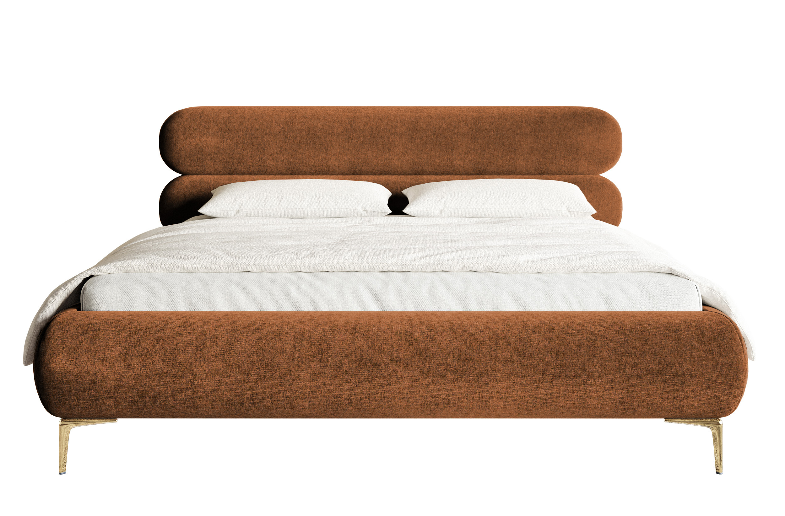 Łóżko tapicerowane 140x200 cm Roule z pojemnikiem stelaż metalowy miedziane welur hydrofobowy nóżki złote