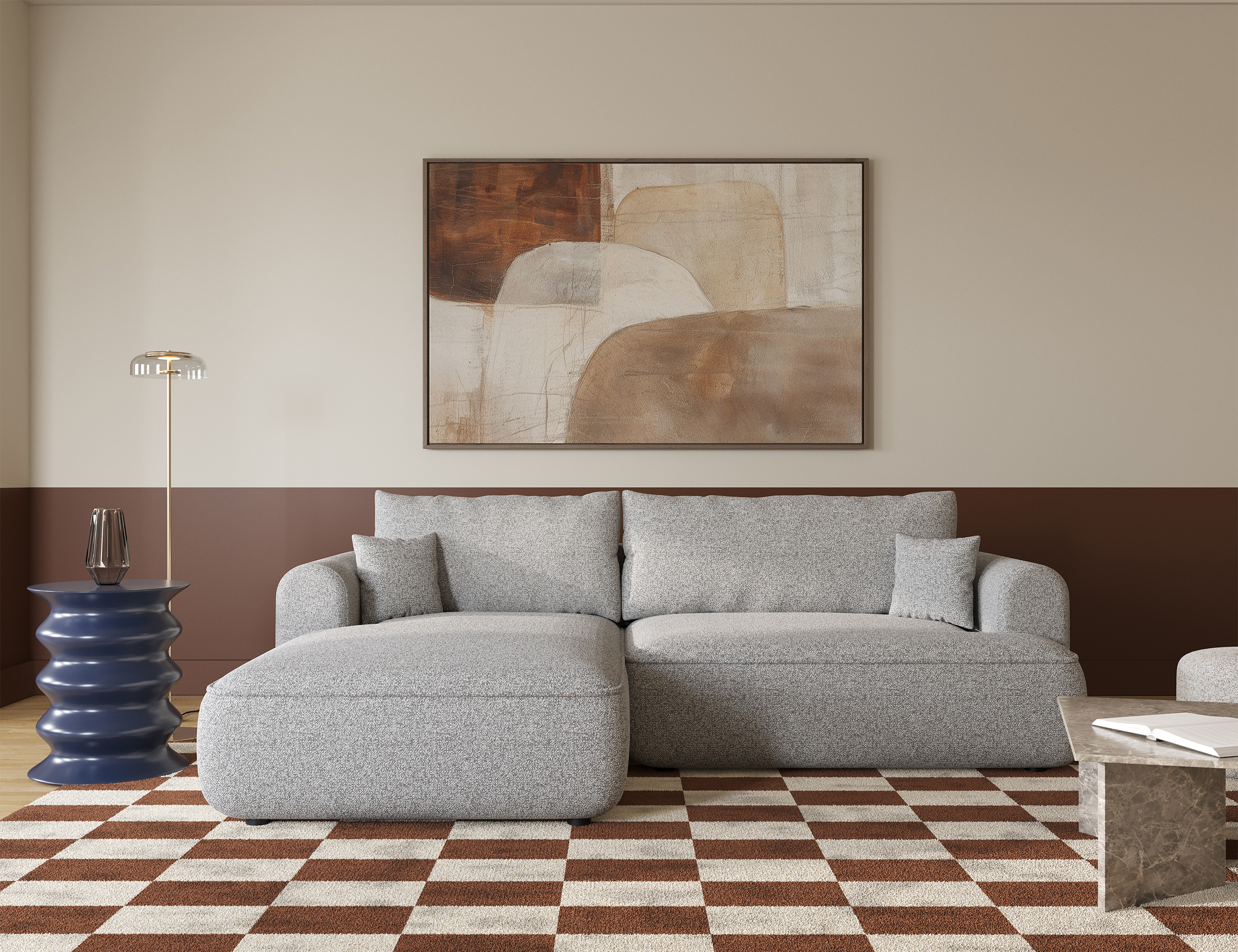 Jasnoszary narożnik Ovo lewostronny z funkcją spania i pojemnikiem na pościel.