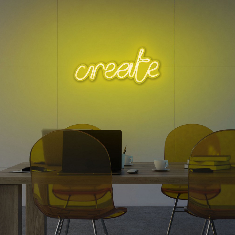 LETELY Enseigne au néon sur le mur avec le mot Create jaune